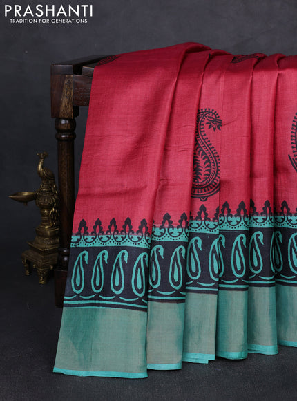 Pure tussar silk saree red and pastel green with paisley butta prints and long printed zari woven border