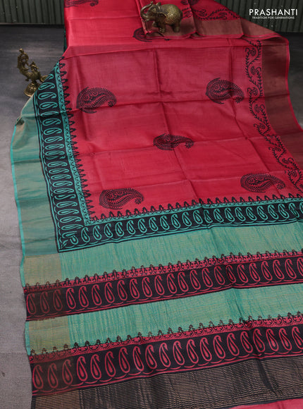 Pure tussar silk saree red and pastel green with paisley butta prints and long printed zari woven border