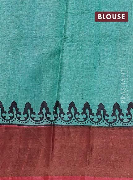 Pure tussar silk saree red and pastel green with paisley butta prints and long printed zari woven border