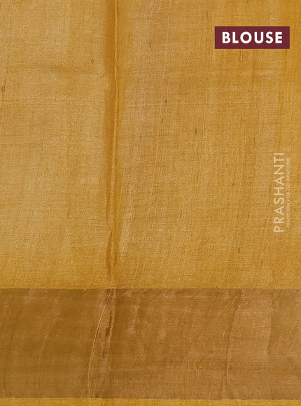 Pure tussar silk saree beige and mustard yellow with plain body and long printed zari woven border