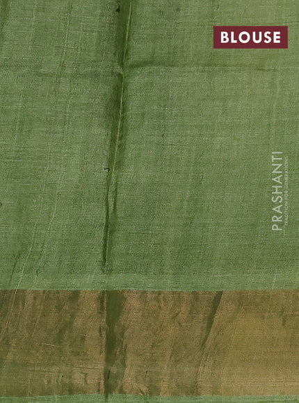 Pure tussar silk saree beige and light green with plain body and long printed zari woven border
