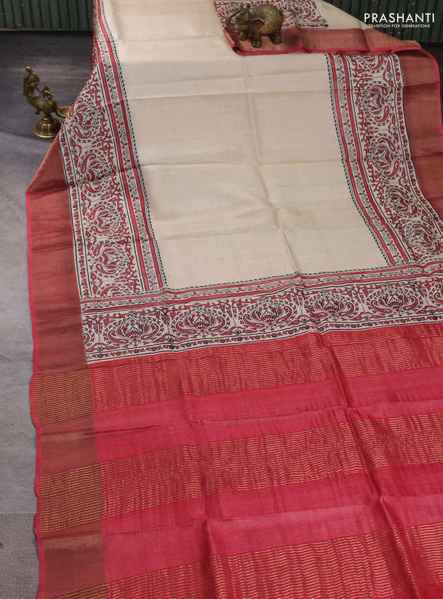 Pure tussar silk saree beige and tomato pink shade with plain body and long printed zari woven border