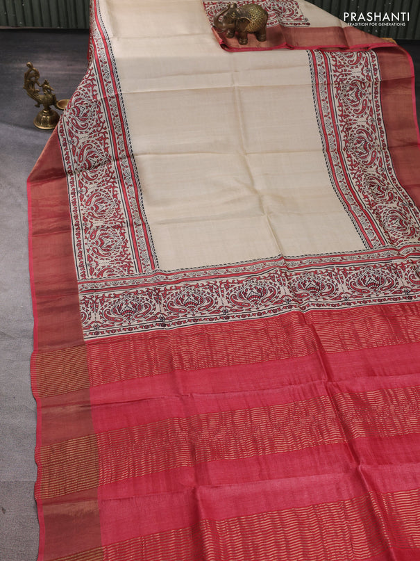 Pure tussar silk saree beige and tomato pink shade with plain body and long printed zari woven border