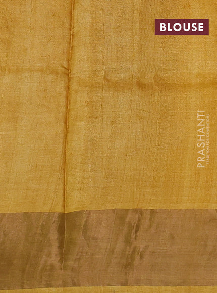 Pure tussar silk saree beige and mustard yellow with plain body and long printed zari woven border