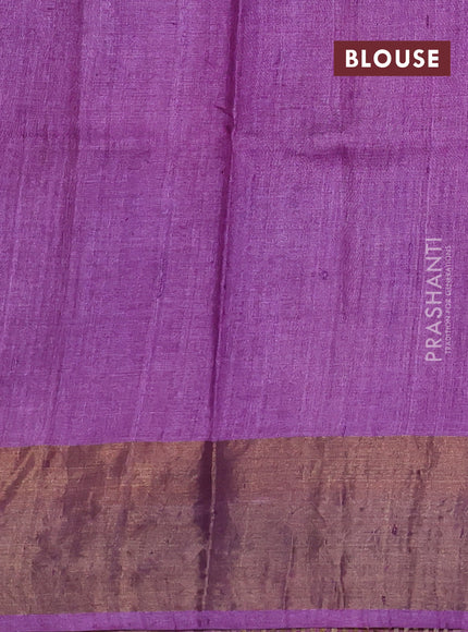 Pure tussar silk saree beige and purple with plain body and long printed zari woven border