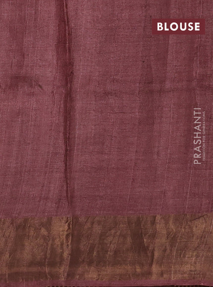 Pure tussar silk saree beige and brown with plain body and long printed zari woven border