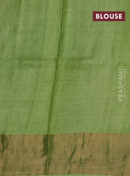 Pure tussar silk saree beige and green with plain body and long printed zari woven border