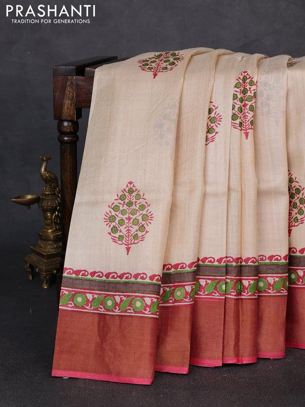 Pure tussar silk saree beige and red with floral butta prints and zari woven border