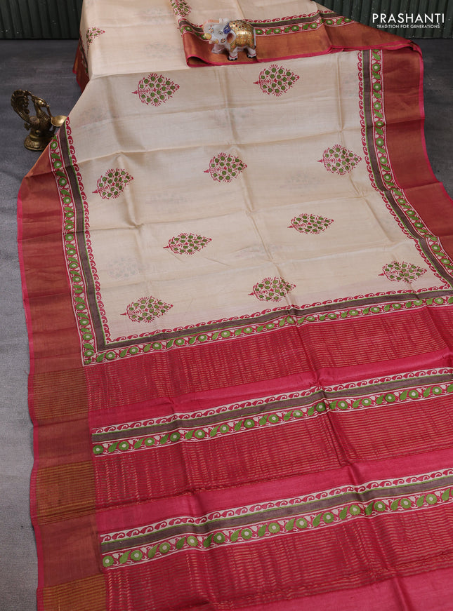 Pure tussar silk saree beige and red with floral butta prints and zari woven border