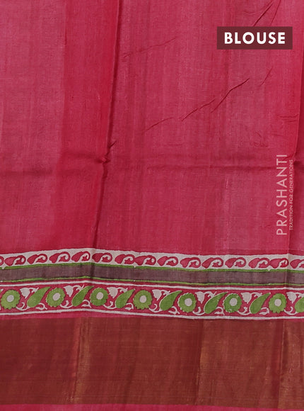 Pure tussar silk saree beige and red with floral butta prints and zari woven border