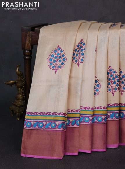 Pure tussar silk saree beige and magenta pink with floral butta prints and zari woven border