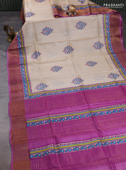 Pure tussar silk saree beige and magenta pink with floral butta prints and zari woven border