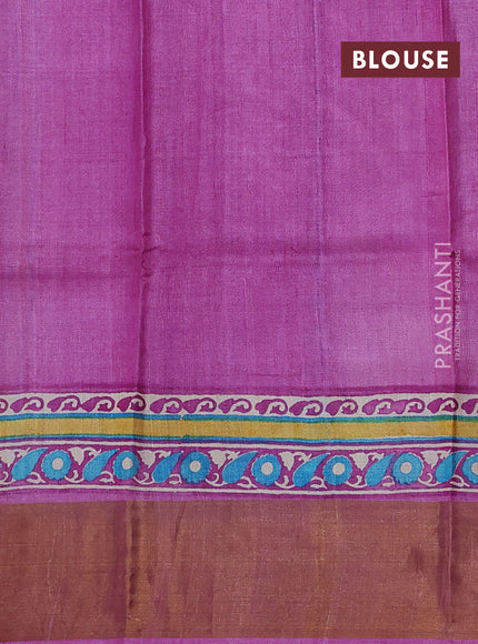 Pure tussar silk saree beige and magenta pink with floral butta prints and zari woven border