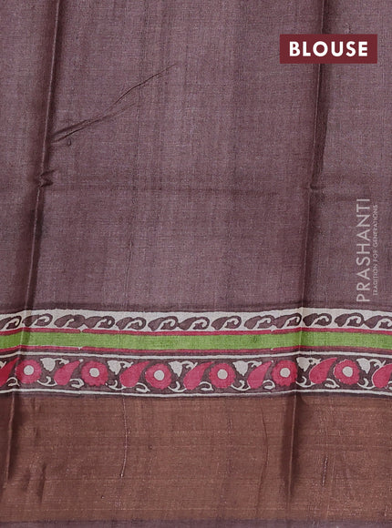 Pure tussar silk saree beige and brown with floral butta prints and zari woven border