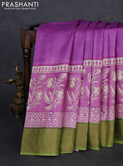 Pure tussar silk saree purple and light green with plain body and long printed zari woven border