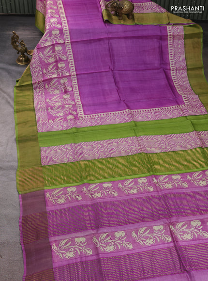 Pure tussar silk saree purple and light green with plain body and long printed zari woven border