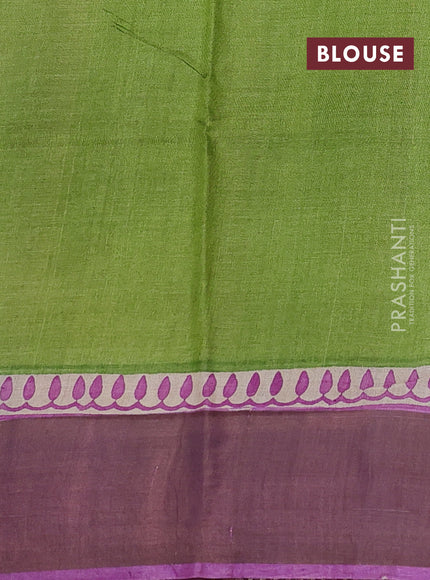 Pure tussar silk saree purple and light green with plain body and long printed zari woven border