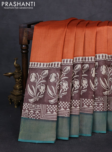 Pure tussar silk saree rustic orange and brown green with plain body and long printed zari woven border