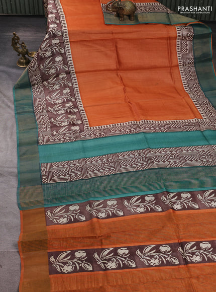 Pure tussar silk saree rustic orange and brown green with plain body and long printed zari woven border
