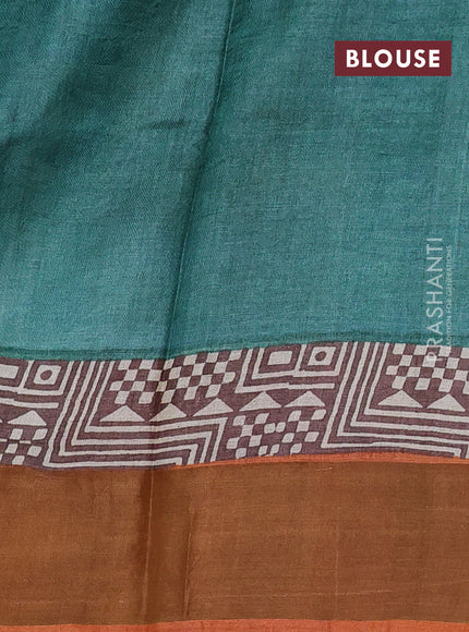 Pure tussar silk saree rustic orange and brown green with plain body and long printed zari woven border
