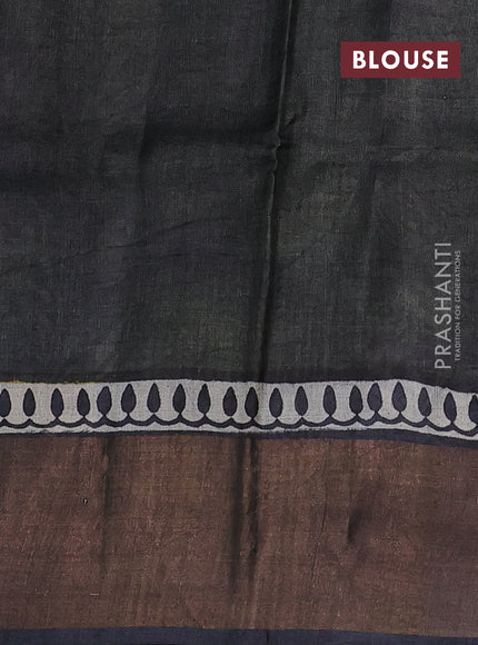 Pure tussar silk saree black and mustard yellow with plain body and long printed zari woven border