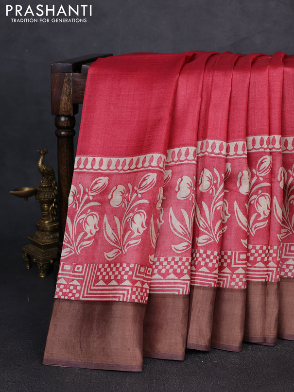 Pure tussar silk saree red and coffee brown with plain body and long printed zari woven border
