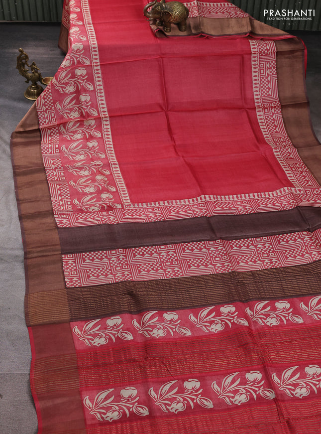 Pure tussar silk saree red and coffee brown with plain body and long printed zari woven border