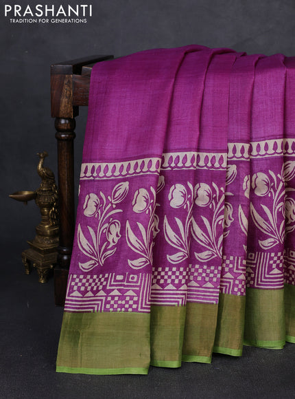 Pure tussar silk saree purple and light green with plain body and long printed zari woven border