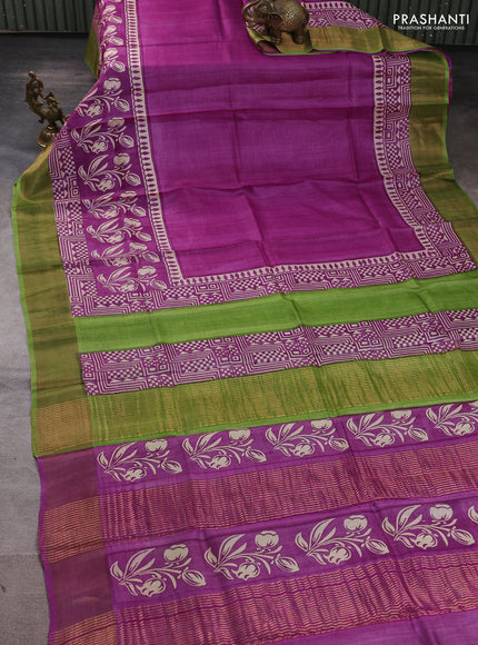 Pure tussar silk saree purple and light green with plain body and long printed zari woven border