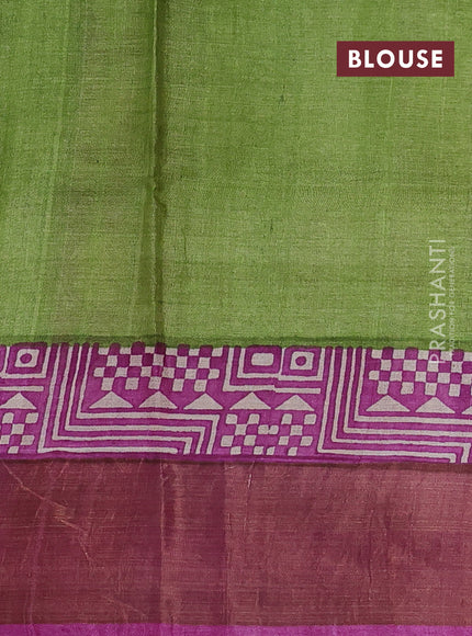 Pure tussar silk saree purple and light green with plain body and long printed zari woven border