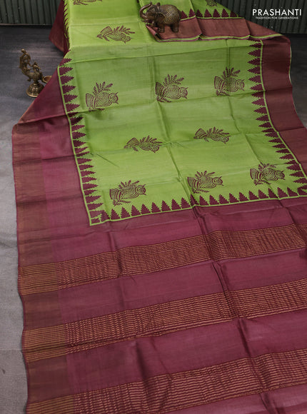 Pure tussar silk saree light green and rosy brown with butta prints and long temple design zari woven border