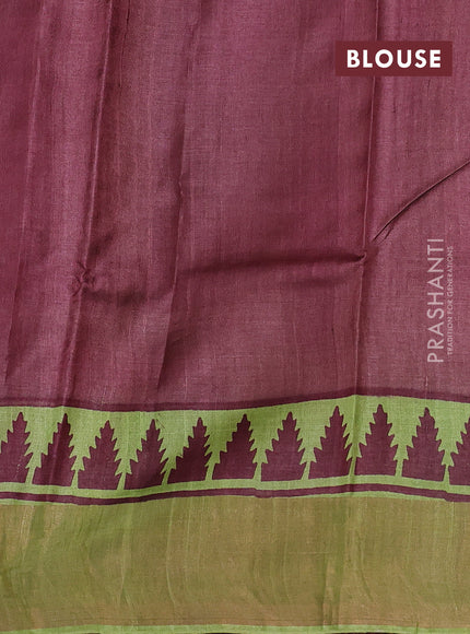 Pure tussar silk saree light green and rosy brown with butta prints and long temple design zari woven border