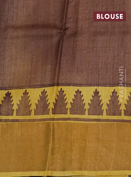 Pure tussar silk saree mustard yellow and coffee brown with butta prints and long temple design zari woven border