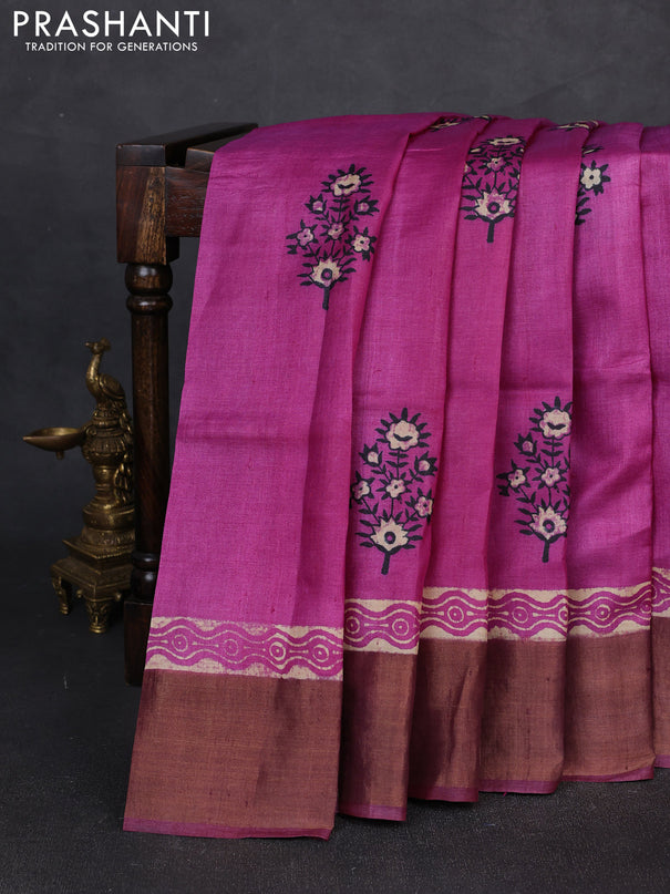 Pure tussar silk saree magenta pink and wine with floral butta prints and zari woven border