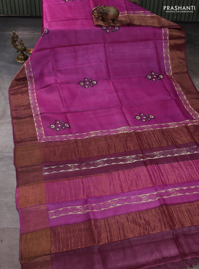 Pure tussar silk saree magenta pink and wine with floral butta prints and zari woven border
