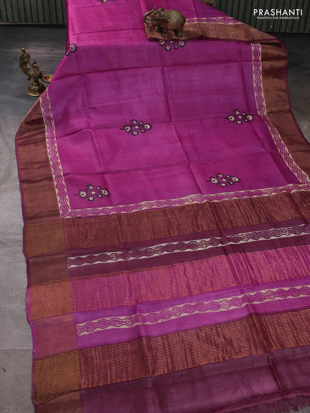 Pure tussar silk saree magenta pink and wine with floral butta prints and zari woven border