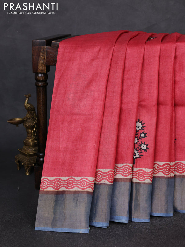 Pure tussar silk saree red and grey with floral butta prints and zari woven border