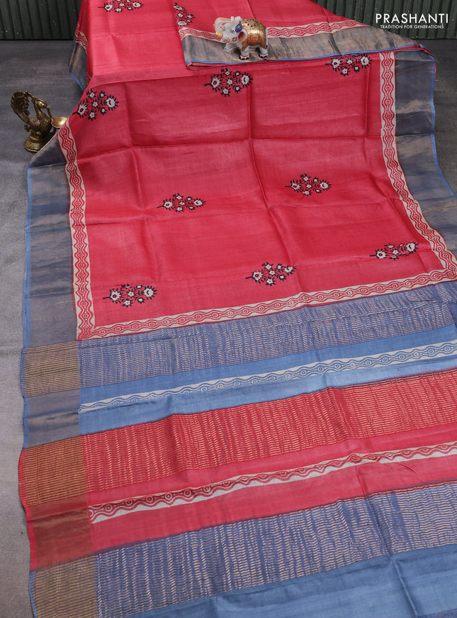 Pure tussar silk saree red and grey with floral butta prints and zari woven border