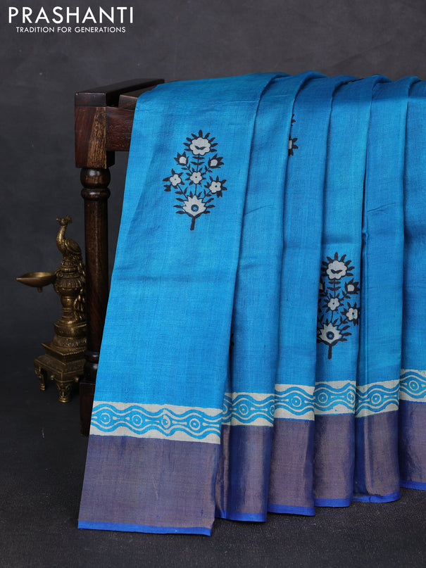 Pure tussar silk saree cs blue and indigo blue with floral butta prints and zari woven border