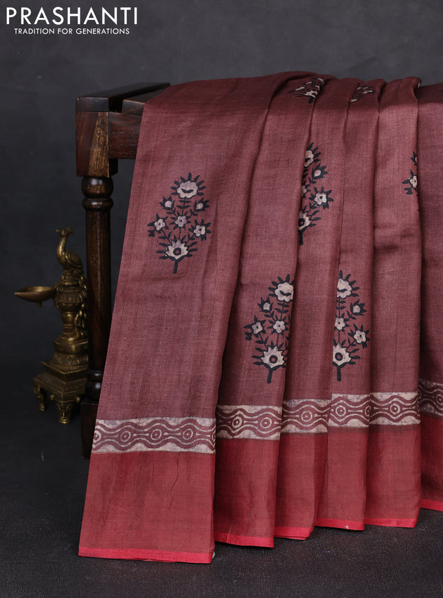Pure tussar silk saree rosy brown and maroon with floral butta prints and zari woven border