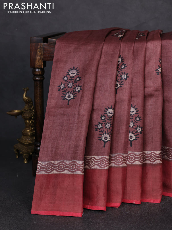 Pure tussar silk saree rosy brown and maroon with floral butta prints and zari woven border