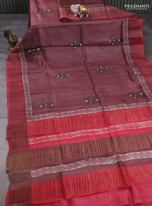 Pure tussar silk saree rosy brown and maroon with floral butta prints and zari woven border