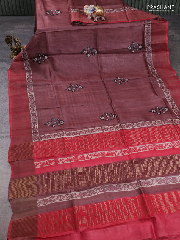 Pure tussar silk saree rosy brown and maroon with floral butta prints and zari woven border