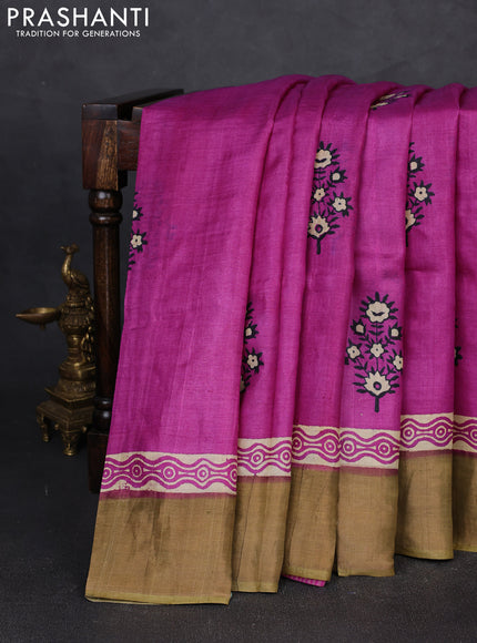 Pure tussar silk saree magenta pink and mustard green with floral butta prints and zari woven border