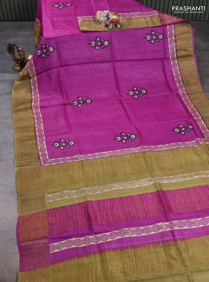 Pure tussar silk saree magenta pink and mustard green with floral butta prints and zari woven border