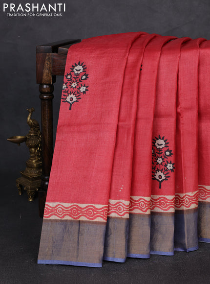 Pure tussar silk saree red and grey with floral butta prints and zari woven border