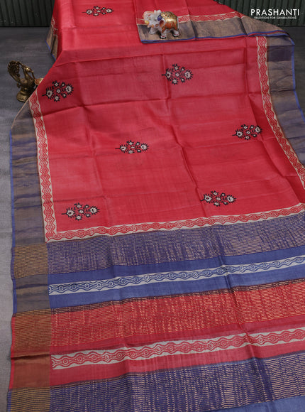 Pure tussar silk saree red and grey with floral butta prints and zari woven border