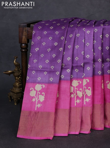 Pure tussar silk saree purple and magenta pink with allover butta prints and butta printed zari woven border