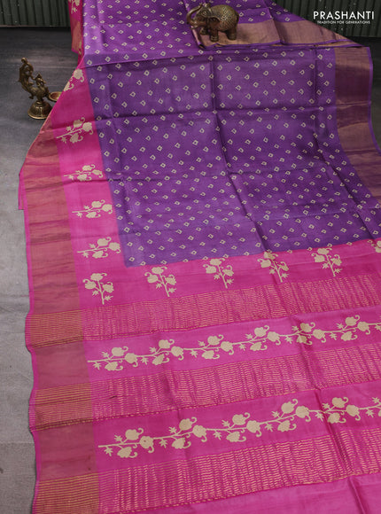 Pure tussar silk saree purple and magenta pink with allover butta prints and butta printed zari woven border
