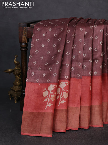 Pure tussar silk saree deep rosy brown and rust shade with allover butta prints and butta printed zari woven border